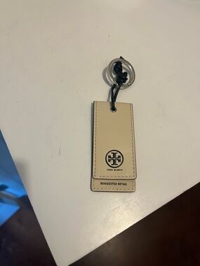 Tory Burch Cream Leather Rectangular Key Tag with Black Trim